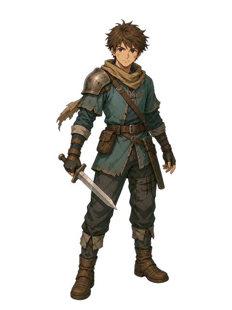 Arlo Lin in a field uniform and scarf, carrying a short sword