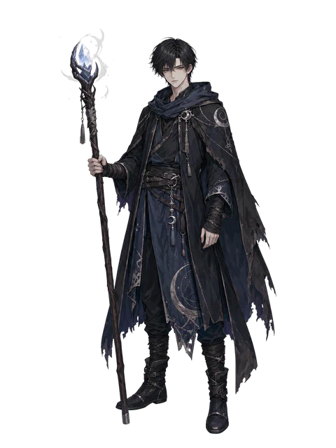 Cillian in a dark apprentice robe, holding a staff