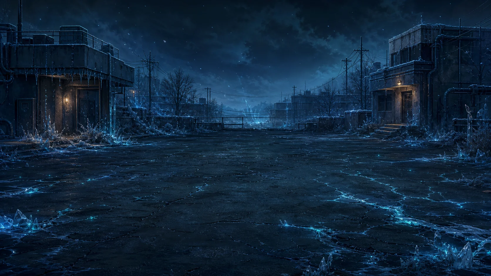 A frost-covered district of Ashenveil, with blue fractures across the ground
